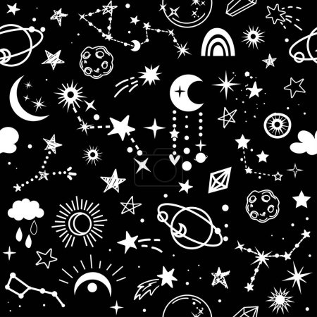 Illustration for Planets, starry sky, cosmos seamless pattern on black background. Vector illustration - Royalty Free Image