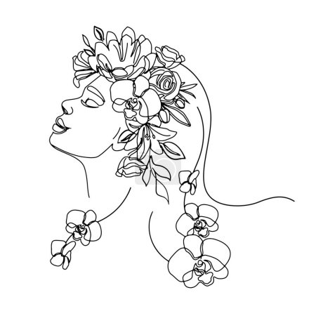 Ilustración de Retrato de un hermoso perfil de chica. Cabello y flores. Moda tendencia estilo de línea minimalista. Vector ilustración de una línea - Imagen libre de derechos