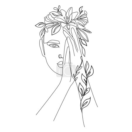 Illustration for Portrait woman and flowers. Vector template. One line drawing modern trend female. Fashion, beauty, design, logo salon - Royalty Free Image