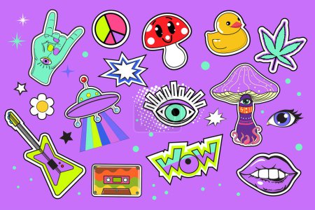 Illustration for Psychedelic neon hippie fashion patch badges with mushrooms, mouth and eyes. 70s inspired retro hippie graphic set for T-shirt print. Vector illustration - Royalty Free Image