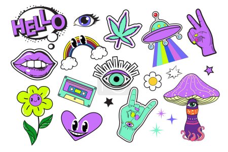 Illustration for Psychedelic neon hippie fashion patch badges with mushrooms, mouth and eyes. Vector illustration - Royalty Free Image