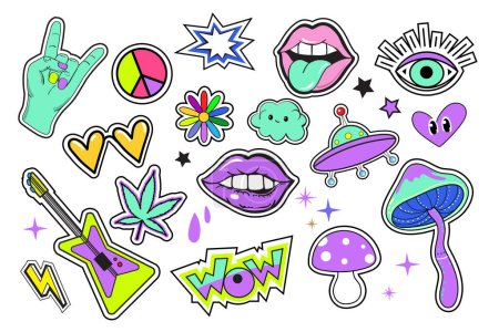 Téléchargez les illustrations : Stickers hippie néon psychédélique aux champignons, bouche et yeux. Illustration vectorielle - en licence libre de droit
