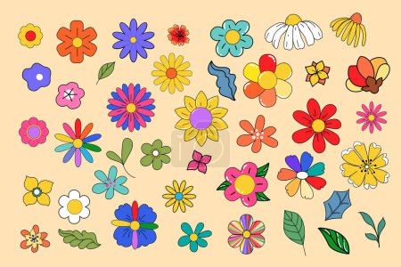 Téléchargez les illustrations : Collection de fleurs rétro des années 70 dans le style hippie. Illustration vectorielle pour affiches, autocollants, t-shirt design - en licence libre de droit