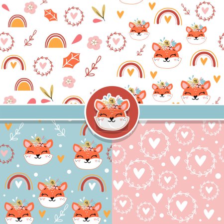 Illustration for Seamless pattern collection with fox heart in boho style. Vector illustration on white background. T-shirt design - Royalty Free Image