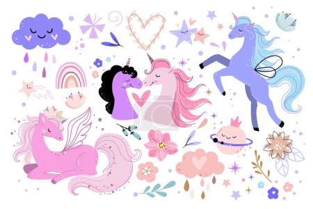 Ilustración de Conjunto de lindos unicornios, flores, luna y estrellas. Ilustración de dibujos animados vectoriales. Diseño de camiseta para niños - Imagen libre de derechos