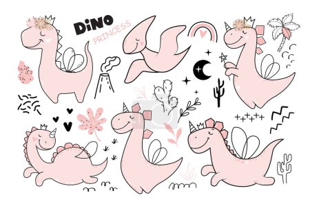 Téléchargez les illustrations : Ensemble de drôles de filles de dinosaures roses et d'éléments de gribouillage. Illustration vectorielle isolée. Princesse Dino - en licence libre de droit