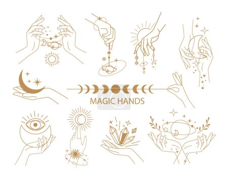 Ilustración de Conjunto de iconos y logo con manos mágicas femeninas. Ilustración de vector de una línea. Concepto místico de tendencia - Imagen libre de derechos