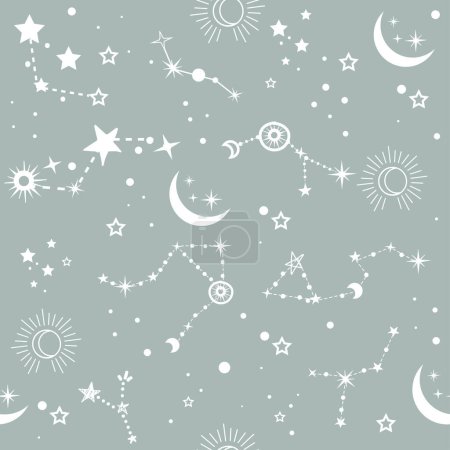 Ilustración de Estrella y luna en estilo boho sin costuras. Cielo estrellado. Ilustración vectorial - Imagen libre de derechos