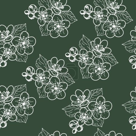 Téléchargez les illustrations : Fleurs de printemps sur un fond vert motif sans couture. Illustration vectorielle - en licence libre de droit