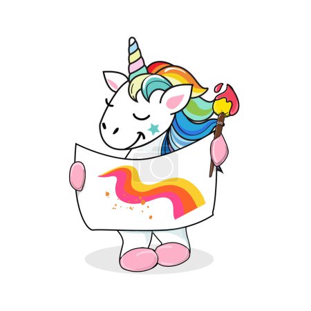 Illustration for The unicorn artist painted a rainbow with paints. Vector cartoon illustration on white background isolated - Royalty Free Image