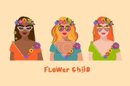 Ilustración de Tres chicas hippies en el estilo retro de los años 70 afroamericanos y europeos y el niño de la flor de la inscripción. Ilustración vectorial - Imagen libre de derechos
