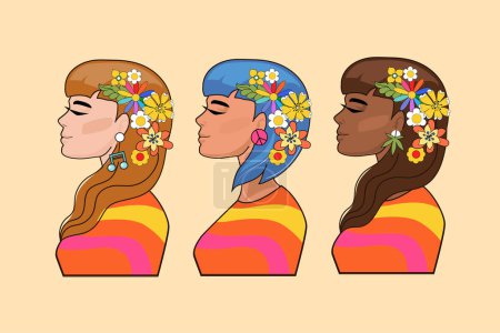 Illustration for Three hippie women of different nationality in the retro style of the 70s African American and European and the inscription flower child. Vector illustration - Royalty Free Image