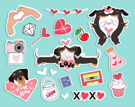 Ilustración de Parches de día de San Valentín de moda con perros salchichas, corazones y objetos de amor en estilo pop art. Ilustración vectorial - Imagen libre de derechos