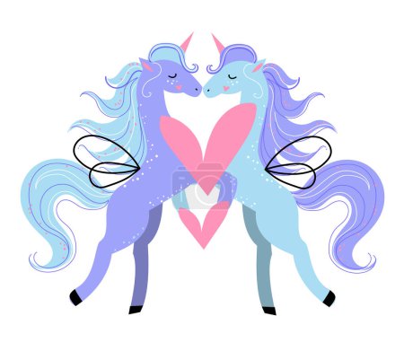 Téléchargez les illustrations : Deux jolies licornes tiennent un cœur. Illustration vectorielle pour la Saint-Valentin - en licence libre de droit