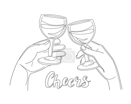 Illustration for Two hands with glasses of wine clink glasses and the inscription Cheers on a white background fashion trend in one line - Royalty Free Image