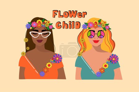Illustration for Two hippie girls in the retro style of the 70s African American and European and the inscription flower child. Vector illustration - Royalty Free Image