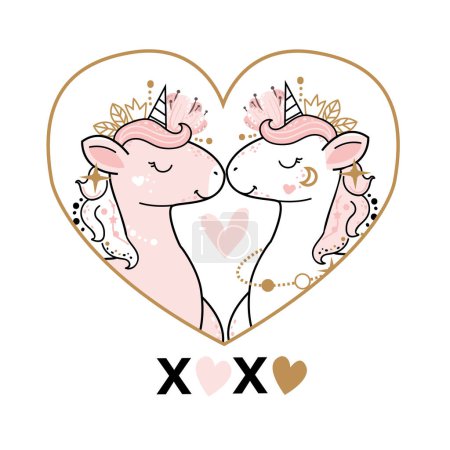 Illustration for Valentine's day greeting card with two heart shaped unicorns in boho style. Vector cartoon illustration. Nursery, greeting card, poster, baby shower - Royalty Free Image