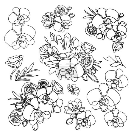 Illustration for Vector illustration with a beautiful collection bouquet of orchids. Minimalism trend. One line drawing modern trends. Fashion, beauty, design, logo salon - Royalty Free Image