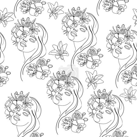 Ilustración de Mujer y flores patrón sin costuras. Ilustración vectorial retrato femenino en blanco y negro. Una línea que dibuja tendencia moderna. Moda y belleza - Imagen libre de derechos