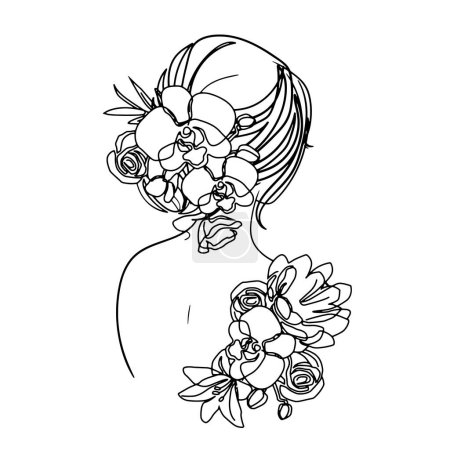 Illustration for Woman back and flowers. Vector template female portrait. One line drawing modern trend. Fashion, beauty, design, logo - Royalty Free Image