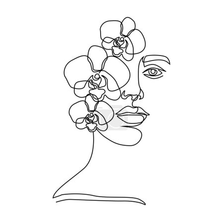 Ilustración de Mujer con flores de orquídea vector de una línea. Estilo lineal minimalista moderno de moda. Belleza, moda, tarjeta de plantilla de diseño - Imagen libre de derechos