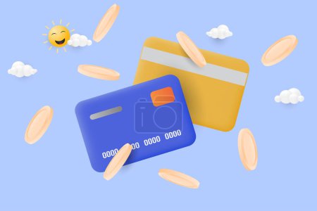 Illustration for 3d credit card and coins foating in the air. Online payment concept. 3d vector illustration. - Royalty Free Image