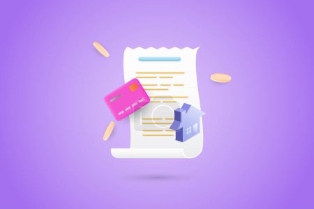 3D vector bill with home icon, credit card, and coins for the payment transaction. Business house financing invoice bill expenses. 3d vector illustration.