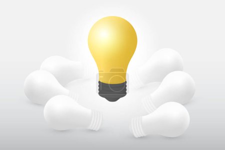 Illustration for 3d light bulbs. One yellow light bulb standing out from the others on white background. Leadship concept. The business concept and individuality concept. 3d vector illustration - Royalty Free Image