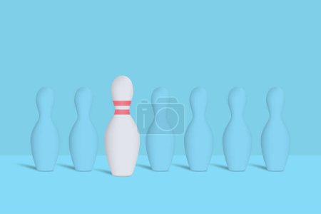 Illustration for Think differently. Being different. The graphic of bowling pins also represents the concept of individuality, confidence, uniqueness, innovation, and creativity. 3d vector illustration. - Royalty Free Image
