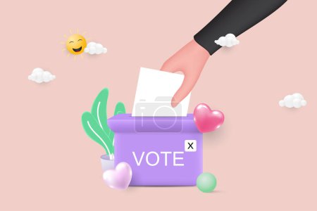 Hand legt Stimmzettel in die Wahlurne. Wahlkonzept. 3D Vektor Illustration.