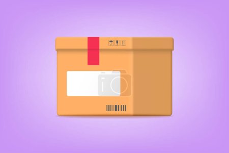 Illustration for 3d parcel box vector container illustration. Cardboard box pack with handling packing icons, text stickers, bar code, closed box, package paper box. 3d vector illustration - Royalty Free Image