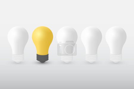 Illustration for 3d row of light bulbs. One yellow light bulb standing out from the others on white background. Leadship concept. The business concept and individuality concept. 3d vector illustration. - Royalty Free Image
