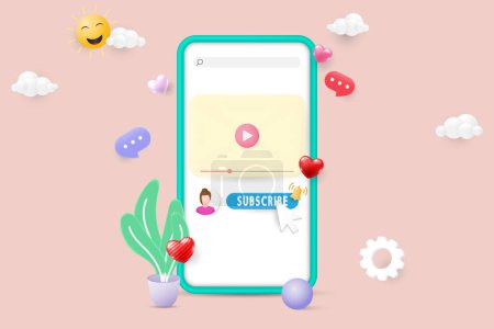 Illustration for Video channel online with subscibe button on screen mobile smartphone. 3d vector illustration. - Royalty Free Image