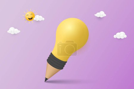 Illustration for Yellow light bulb combined with graphite pencil on puple background. Idea, creativity, inspiration and insight concept. 3d vector illustration - Royalty Free Image