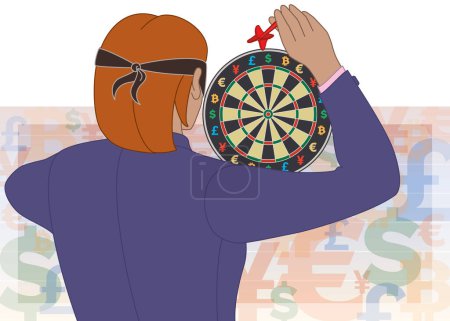 Illustration for Businesswoman wearing blindfold throwing dart at dart board with currency symbols with bar graph on on light background - Royalty Free Image