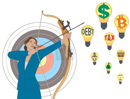 Illustration for Business woman holding bow and arrow, aiming up at light bulb targets with business symbols, isolated on white background - Royalty Free Image