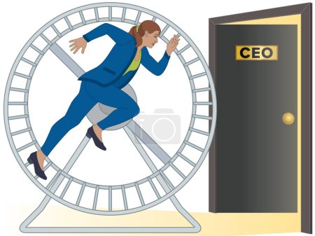business woman running on hamster wheel to CEO door isolated on white background