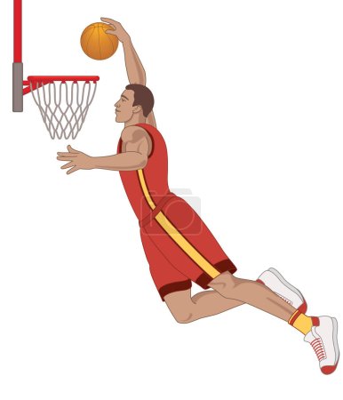 Ilustración de Basketball player male jumping for a slam dunk isolated on a white background - Imagen libre de derechos