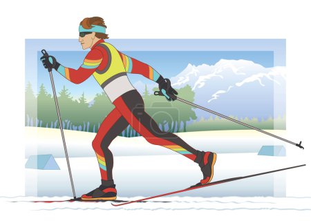 Ilustración de Cross country skier male in competitive race with winter scene in background - Imagen libre de derechos