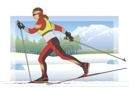 Ilustración de Cross country skier female in competitive race with winter scene in background - Imagen libre de derechos
