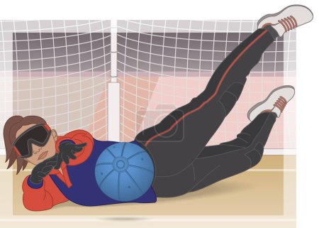 Illustration for Para sports paralympic goalball female athlete, defense stopping ball on court with net in background - Royalty Free Image