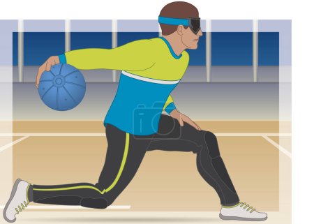 Ilustración de Para sports paralympic goalball male athlete, centre throwing ball on court with background - Imagen libre de derechos