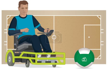 Illustration for Para sports paralympic powerchair football male player sitting in specialized powered wheelchair kicking ball including standard-sized court in background - Royalty Free Image