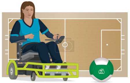 Illustration for Para sports paralympic powerchair football female player sitting in specialized powered wheelchair kicking ball including standard-sized court in background - Royalty Free Image