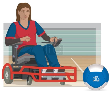 Illustration for Para sports paralympic powerchair football female player sitting in specialized powered wheelchair kicking ball including court in background - Royalty Free Image