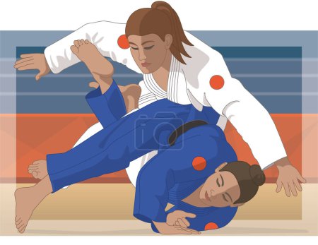 Ilustración de Para sports paralympics judo two visually impaired females in takedown with background - Imagen libre de derechos