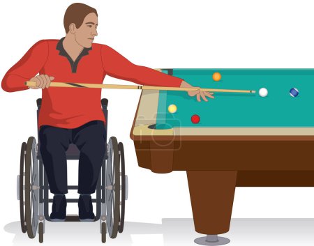 Illustration for Para sports paralympics snooker or billiards male in wheelchair aiming at ball with cue stick isolated on white background - Royalty Free Image