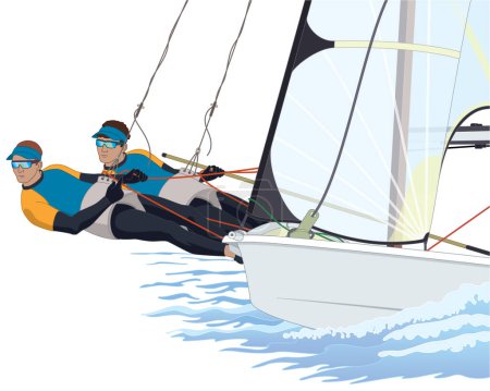 Ilustración de Navegando dos tripulantes masculinos inclinados en un velero 49er bote aislado sobre un fondo blanco - Imagen libre de derechos