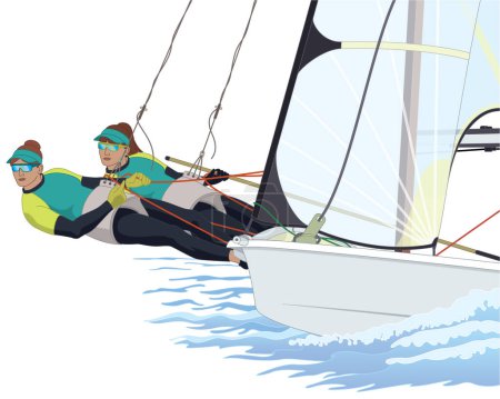Ilustración de Navegando dos tripulantes hembra inclinándose en un velero 49er bote aislado sobre un fondo blanco - Imagen libre de derechos