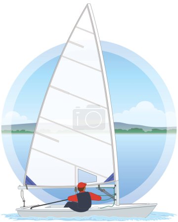 sailing Laser Standard dinghy sailboat with water and sky background in circle